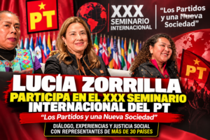 Texto alternativo para imagen: Lucía Zorrilla durante su participación en el XXX Seminario Internacional “Los Partidos y una Nueva Sociedad”, organizado por el Partido del Trabajo en Ciudad de México.