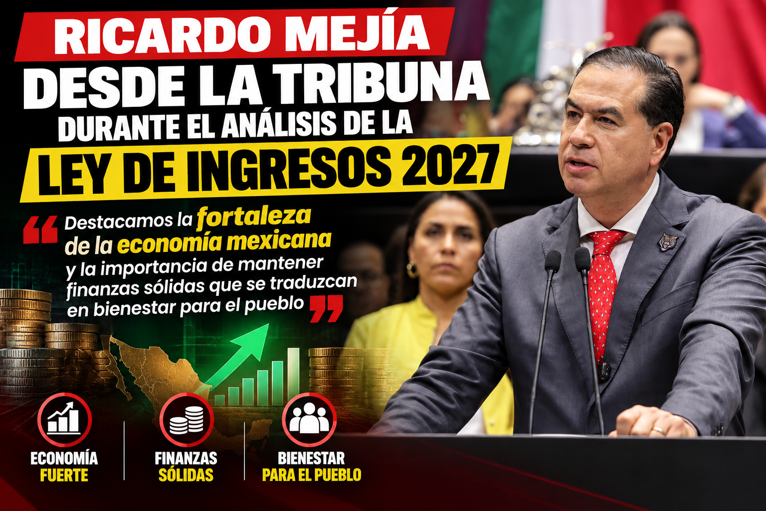 Ricardo Mejía Berdeja interviene desde la tribuna de la Cámara de Diputados durante el análisis de la Ley de Ingresos de la Federación 2027.