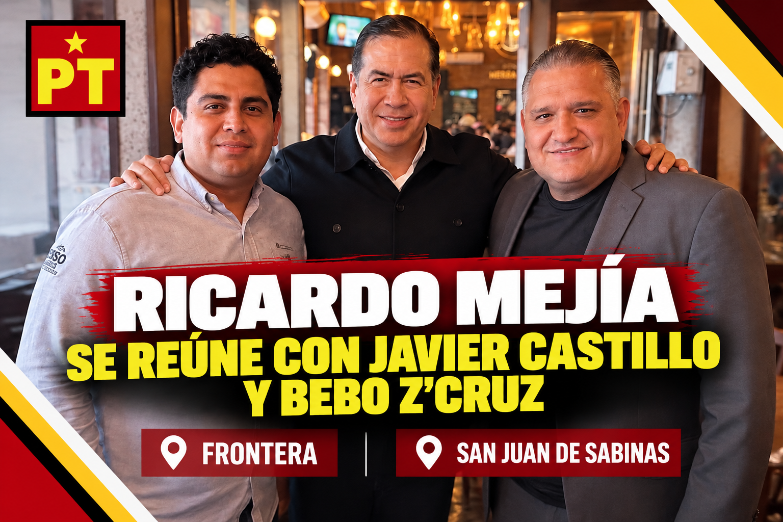Ricardo Mejía durante una reunión con Javier Castillo y Bebo Z’Cruz para dialogar sobre la organización del Partido del Trabajo en las regiones Centro y Carbonífera de Coahuila.